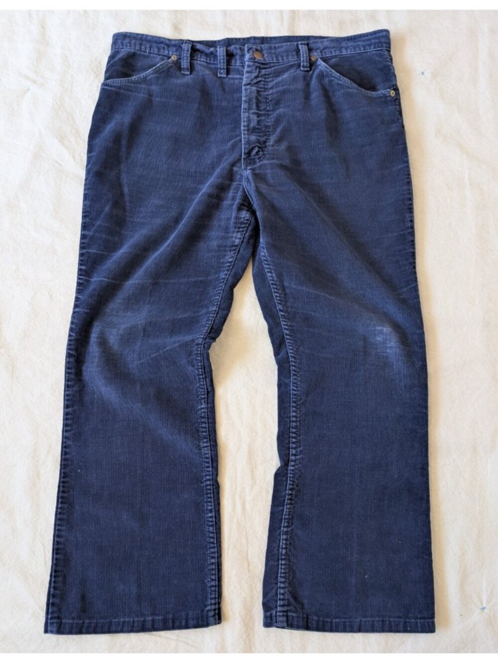 Wrangler Vintage 70s Navy Corduroy Bootcut Trouser Scovill Zipper USA Made 38x27